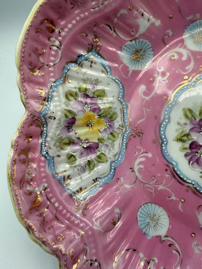 Antique Porcelain PInk Berry Serving Bowl Hand Painted Flowers /ro