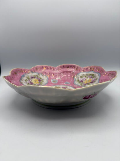 Antique Porcelain PInk Berry Serving Bowl Hand Painted Flowers /ro