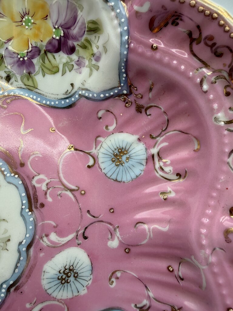 Antique Porcelain PInk Berry Serving Bowl Hand Painted Flowers /ro