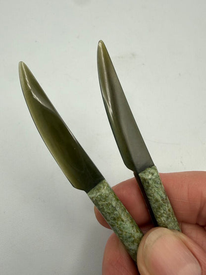 Set of 2 Nephrite Jade Green Carved Petite Knives 3.75” /ro