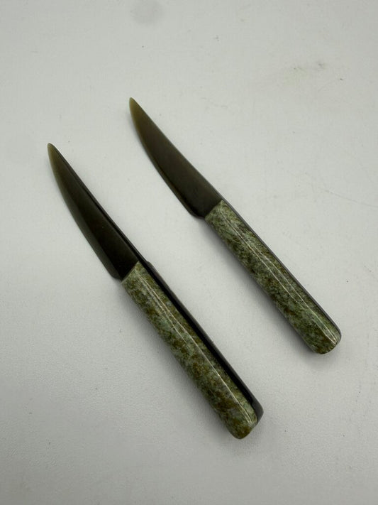 Set of 2 Nephrite Jade Green Carved Petite Knives 3.75” /ro