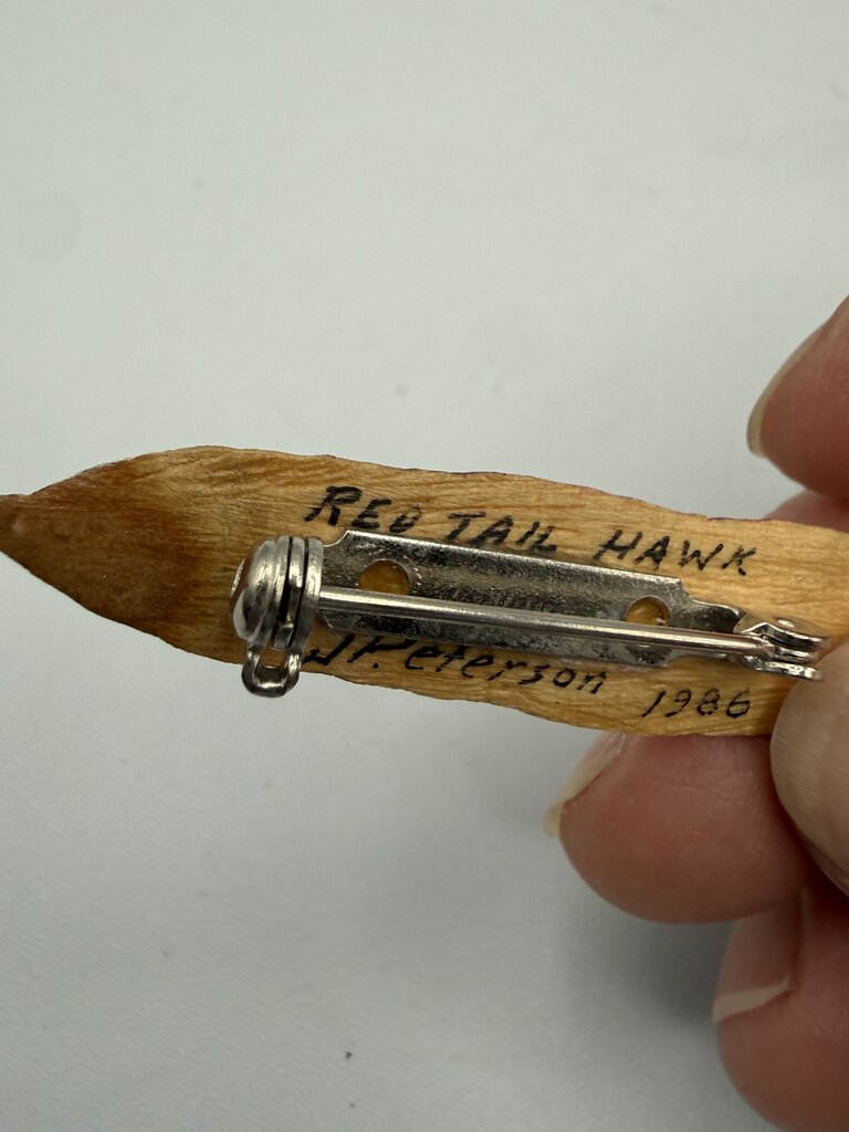 Hand Carved Wood Brooch/Pin Red Tail Hawk Feather Signed /ro