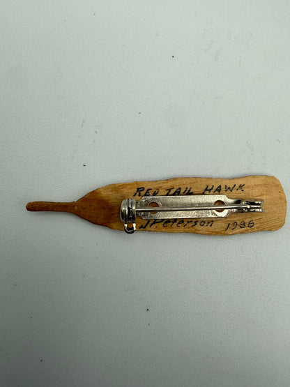 Hand Carved Wood Brooch/Pin Red Tail Hawk Feather Signed /ro