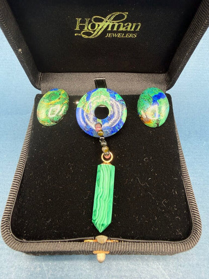 Malachite Green and Blue Lapis Earrings & Pin set /ro