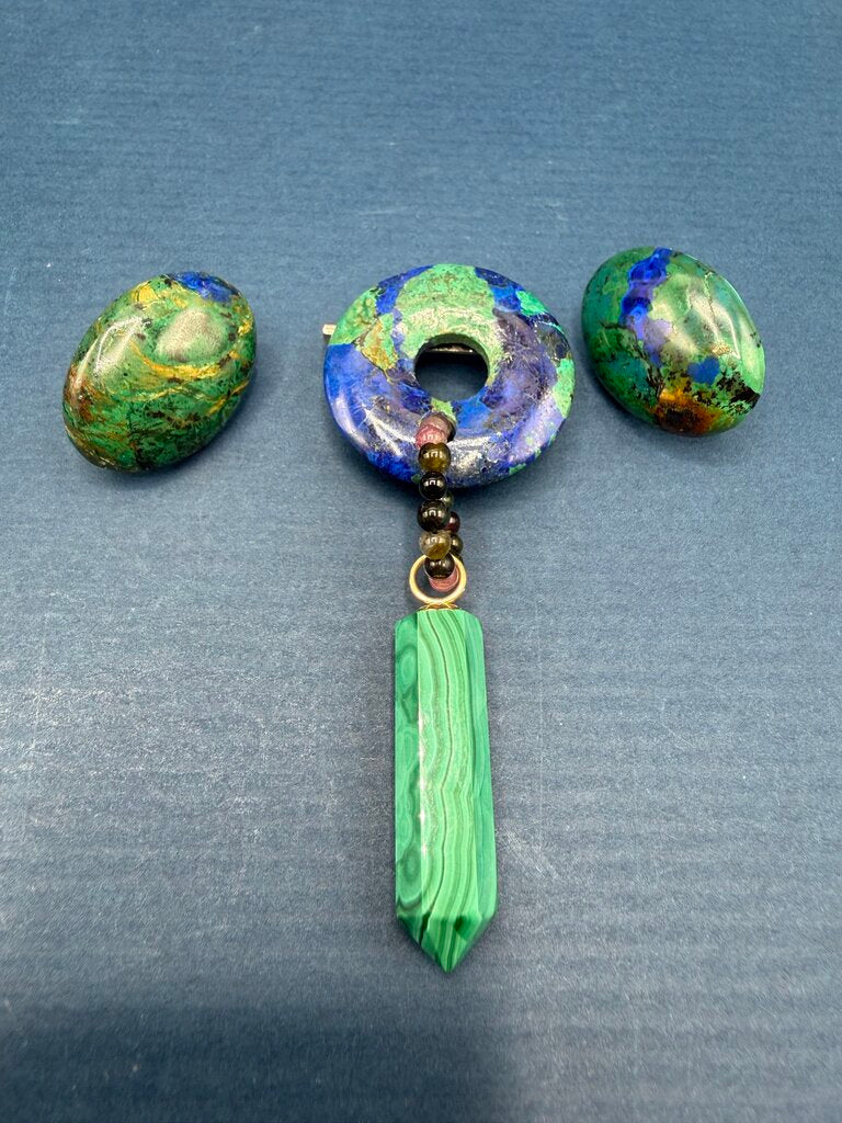 Malachite Green and Blue Lapis Earrings & Pin set /ro
