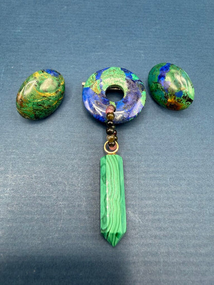 Malachite Green and Blue Lapis Earrings & Pin set /ro