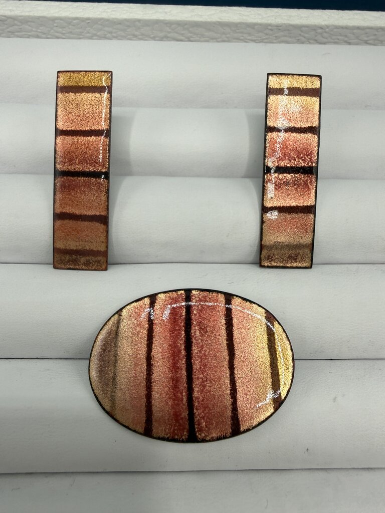 Iridescent Fused Glass on Enamel Set Pierced Earring & Pin /ro