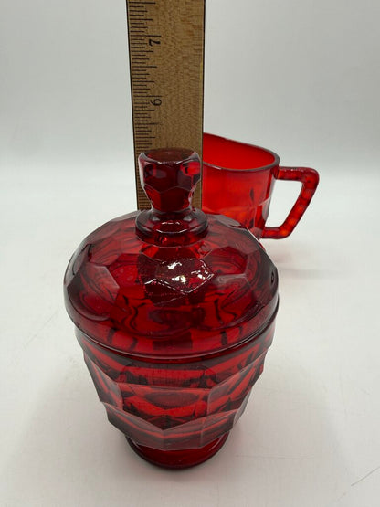 VTG Viking Glass Georgian Cranberry Honeycomb Sugar & Creamer w/lid /ro
