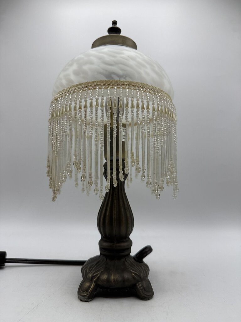 Victorian Bead Fringe Glass Tortoise Shell Shade Table Lamp 12” tall /rw