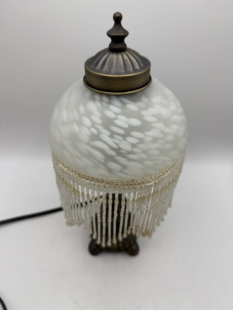 Victorian Bead Fringe Glass Tortoise Shell Shade Table Lamp 12” tall /rw