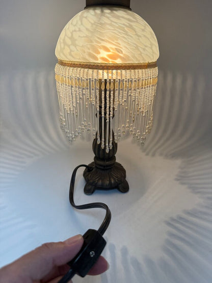 Victorian Bead Fringe Glass Tortoise Shell Shade Table Lamp 12” tall /rw