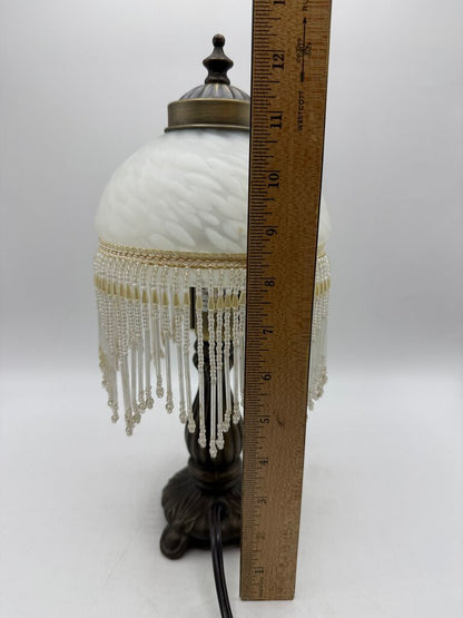 Victorian Bead Fringe Glass Tortoise Shell Shade Table Lamp 12” tall /rw