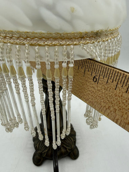 Victorian Bead Fringe Glass Tortoise Shell Shade Table Lamp 12” tall /rw