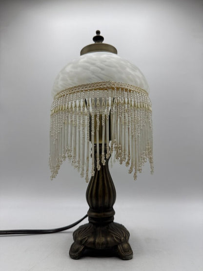 Victorian Bead Fringe Glass Tortoise Shell Shade Table Lamp 12” tall /rw