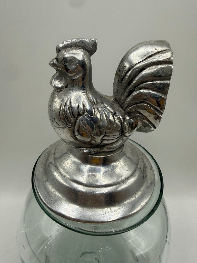 Blown Glass Square Canister w/Pewter Rooster Lid /rw