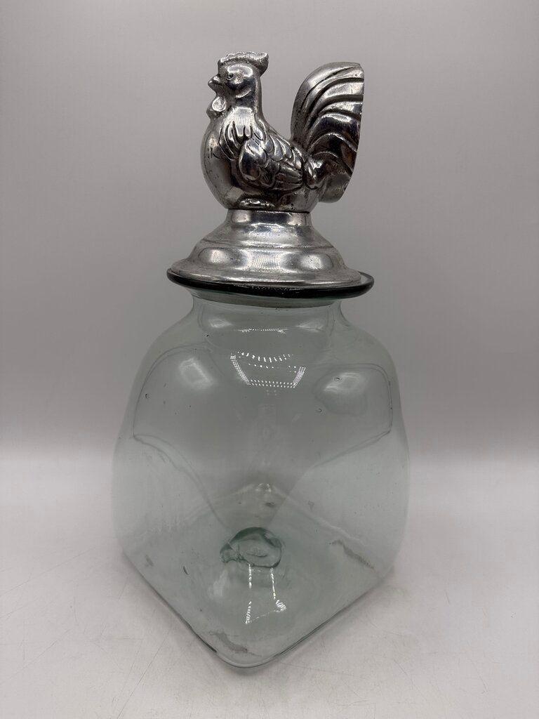 Blown Glass Square Canister w/Pewter Rooster Lid /rw