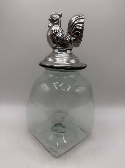 Blown Glass Square Canister w/Pewter Rooster Lid /rw