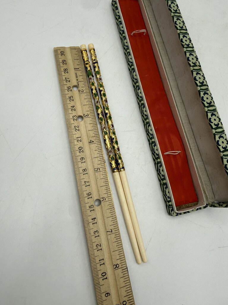 VTG Japanese Chopsticks Floral Cloisonné Enamel & Bone in Box /ro