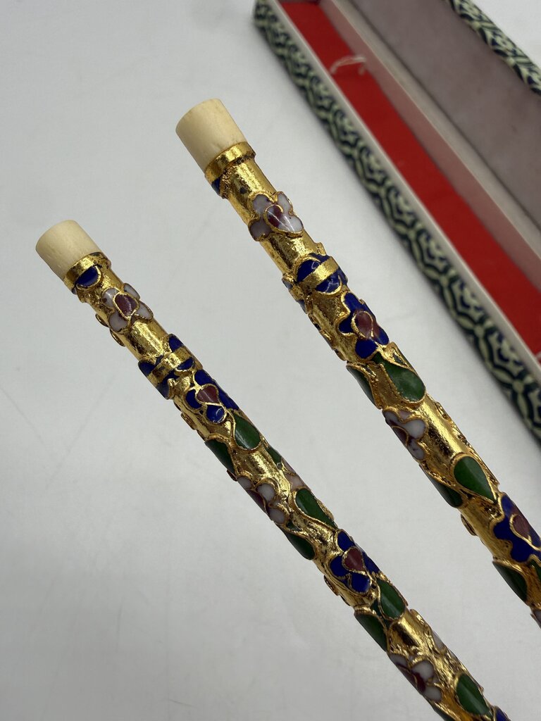 VTG Japanese Chopsticks Floral Cloisonné Enamel & Bone in Box /ro