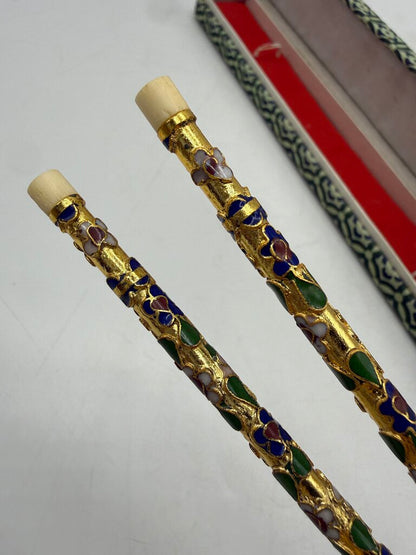 VTG Japanese Chopsticks Floral Cloisonné Enamel & Bone in Box /ro