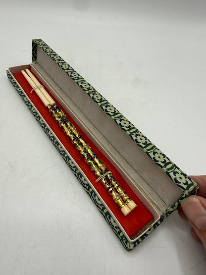 VTG Japanese Chopsticks Floral Cloisonné Enamel & Bone in Box /ro