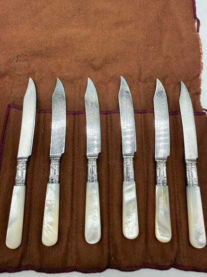 Antique Landers, Frary & Clark Dessert Knives Sterling Collars MOP Handles set of 6 /ro