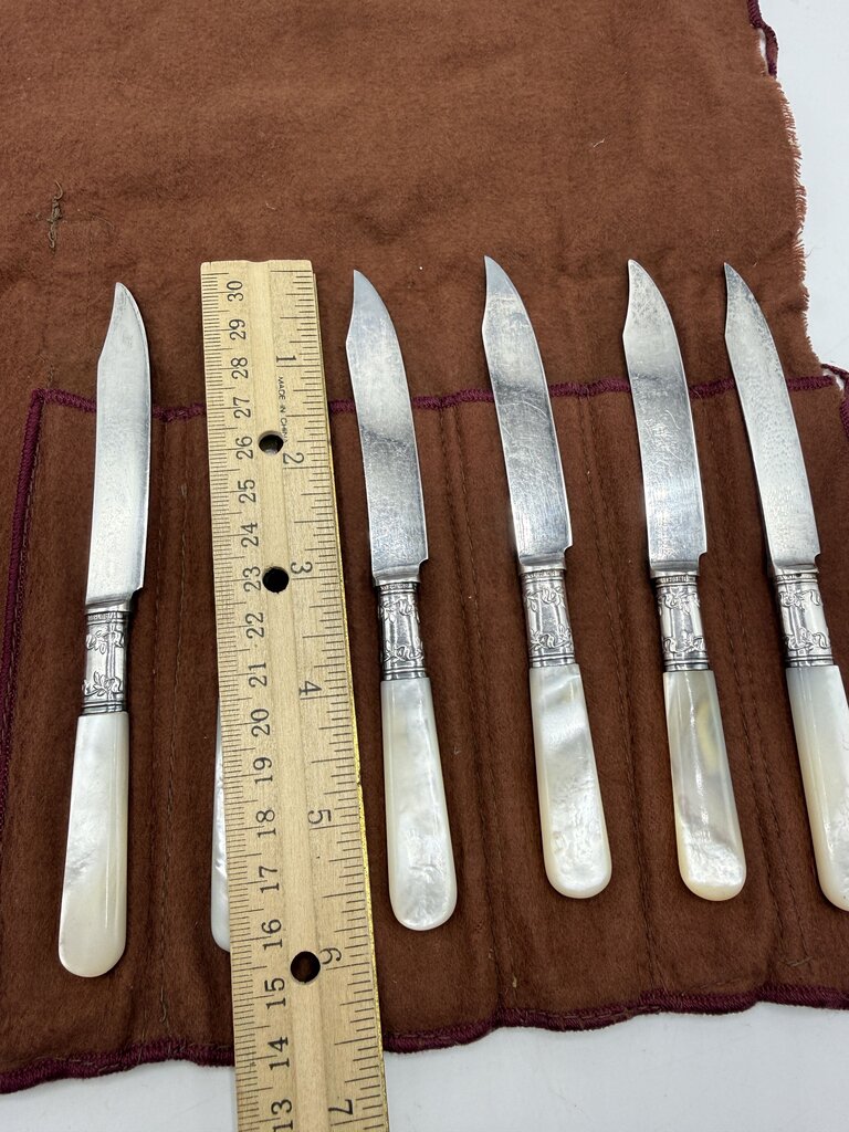 Antique Landers, Frary & Clark Dessert Knives Sterling Collars MOP Handles set of 6 /ro