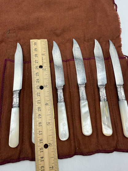 Antique Landers, Frary & Clark Dessert Knives Sterling Collars MOP Handles set of 6 /ro