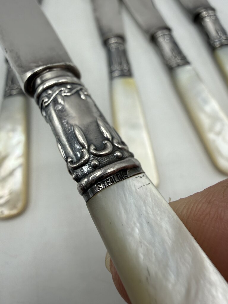 VTG set of 6 American Cutlery Butter Knives Sterling Collars MOP Handles /ro