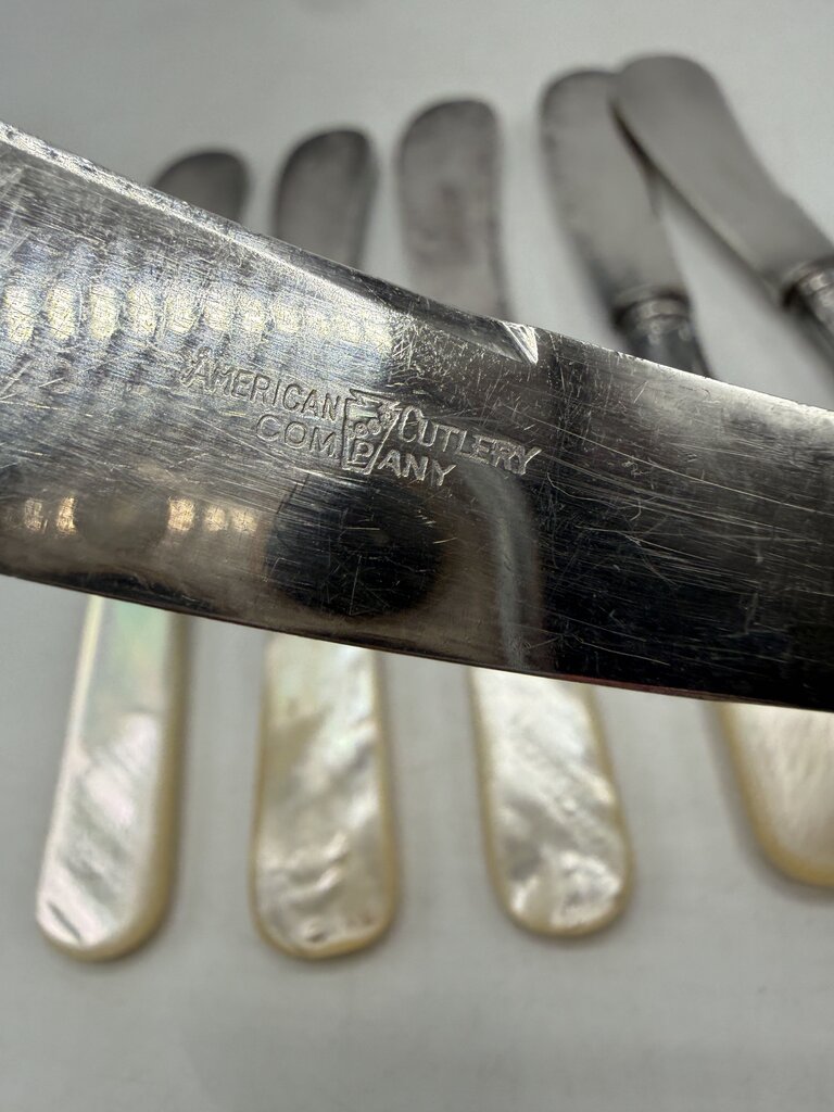 VTG set of 6 American Cutlery Butter Knives Sterling Collars MOP Handles /ro