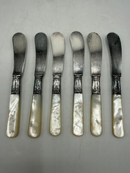 VTG set of 6 American Cutlery Butter Knives Sterling Collars MOP Handles /ro