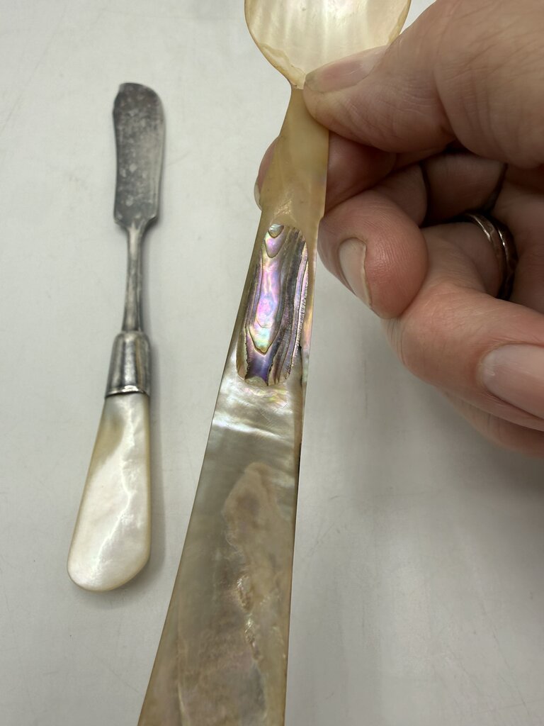 Set of 3 Antique Serving Pieces Mother of Pearl Sterling Collars MOP Handles /ro