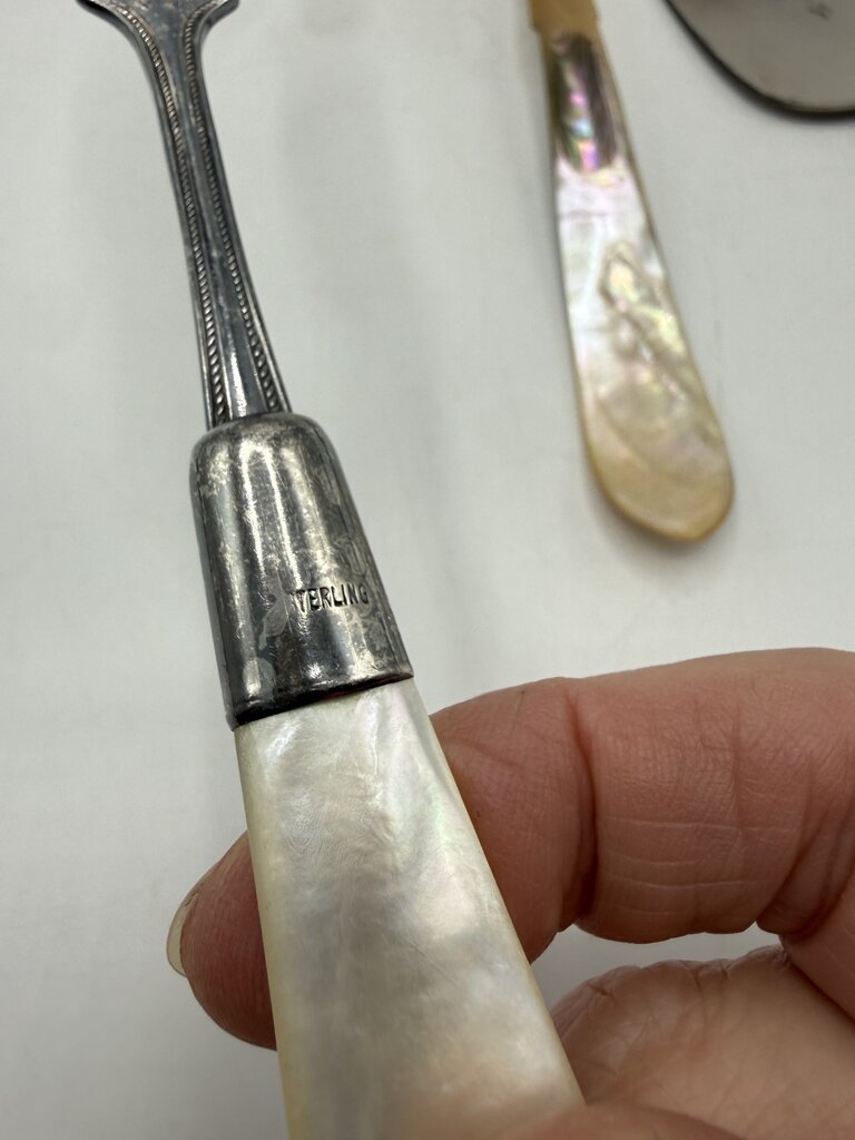 Set of 3 Antique Serving Pieces Mother of Pearl Sterling Collars MOP Handles /ro
