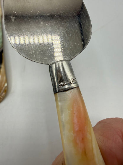 Set of 3 Antique Serving Pieces Mother of Pearl Sterling Collars MOP Handles /ro
