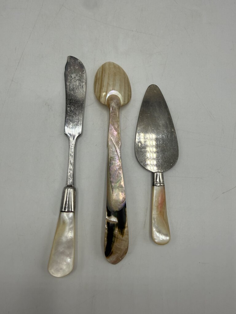 Set of 3 Antique Serving Pieces Mother of Pearl Sterling Collars MOP Handles /ro