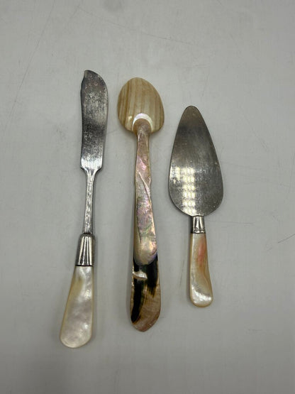 Set of 3 Antique Serving Pieces Mother of Pearl Sterling Collars MOP Handles /ro