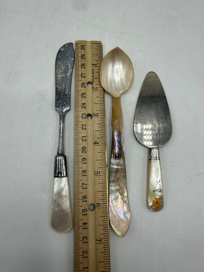 Set of 3 Antique Serving Pieces Mother of Pearl Sterling Collars MOP Handles /ro
