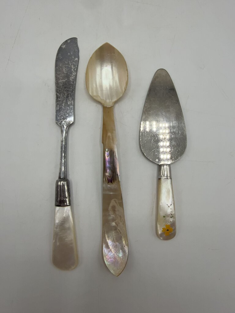 Set of 3 Antique Serving Pieces Mother of Pearl Sterling Collars MOP Handles /ro