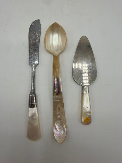 Set of 3 Antique Serving Pieces Mother of Pearl Sterling Collars MOP Handles /ro
