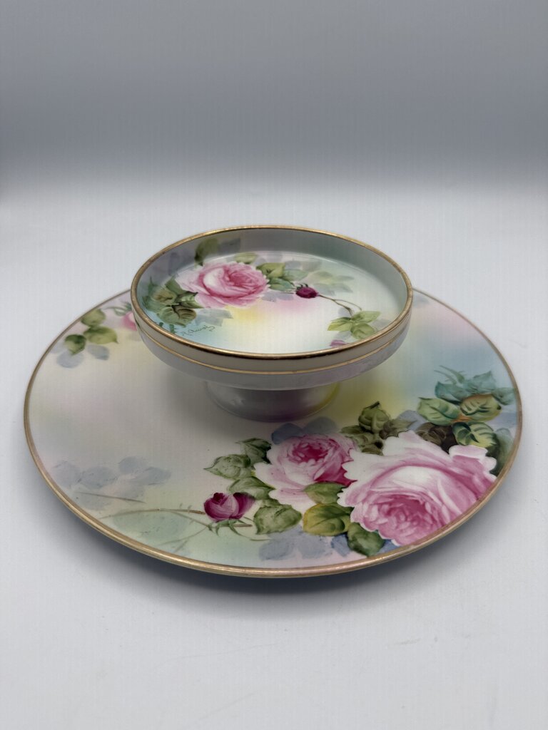 Antique Nippon M Wreath Hand Painted Pedestal Dish/Tray /roh