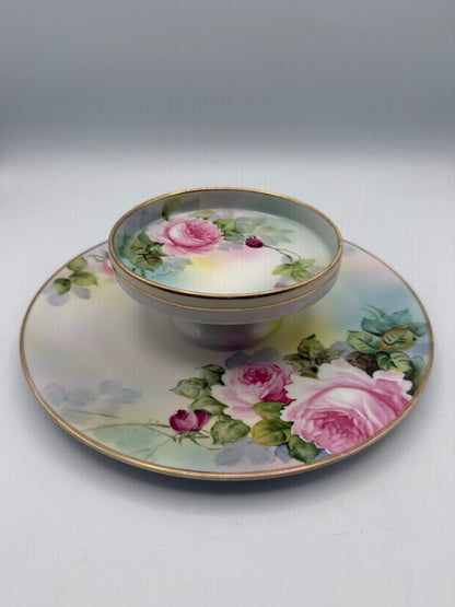 Antique Nippon M Wreath Hand Painted Pedestal Dish/Tray /roh