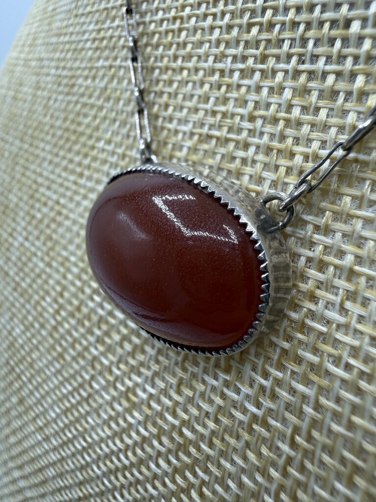 Vtg Amber Cabochon Gemstone Pendant w/Sterling setting 15” Chain Necklace /ro
