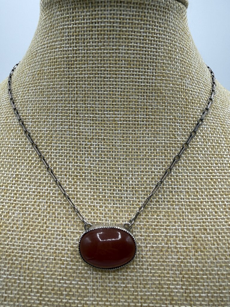 Vtg Amber Cabochon Gemstone Pendant w/Sterling setting 15” Chain Necklace /ro
