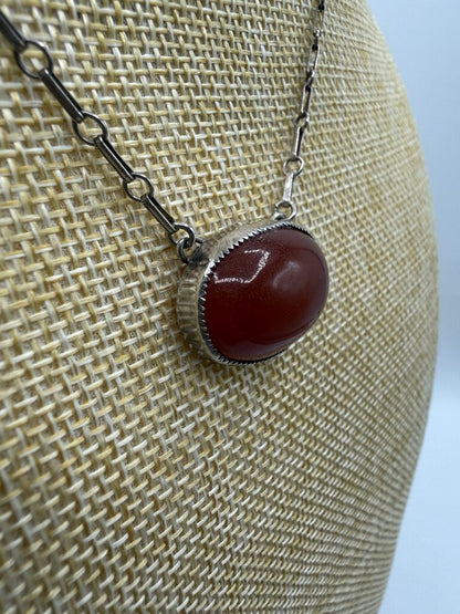 Vtg Amber Cabochon Gemstone Pendant w/Sterling setting 15” Chain Necklace /ro
