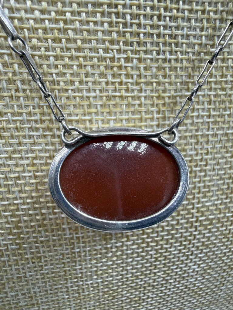 Vtg Amber Cabochon Gemstone Pendant w/Sterling setting 15” Chain Necklace /ro
