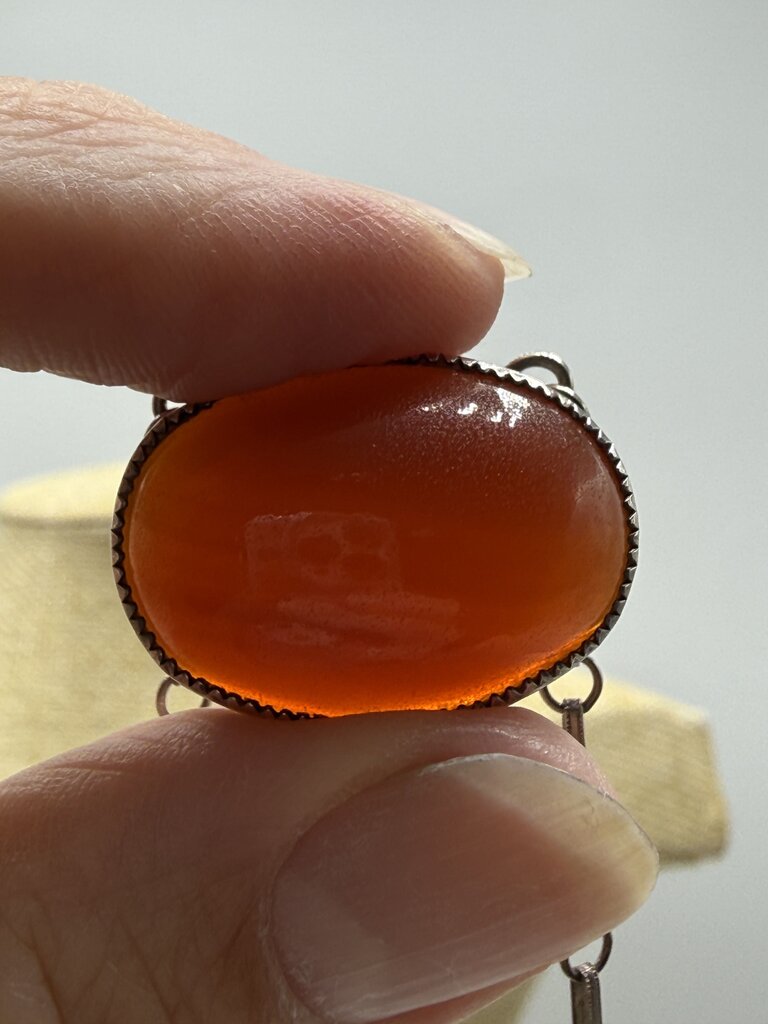 Vtg Amber Cabochon Gemstone Pendant w/Sterling setting 15” Chain Necklace /ro