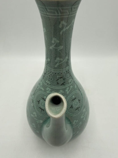 VTG Korean Celadon Green Flying Crane Tea Pot /rw
