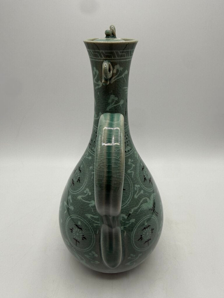 VTG Korean Celadon Green Flying Crane Tea Pot /rw