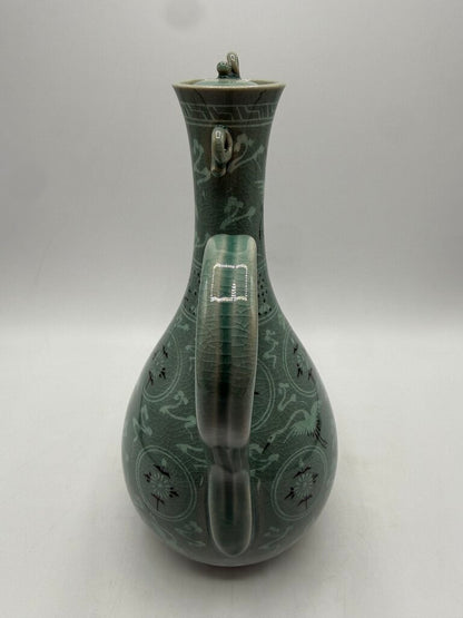 VTG Korean Celadon Green Flying Crane Tea Pot /rw