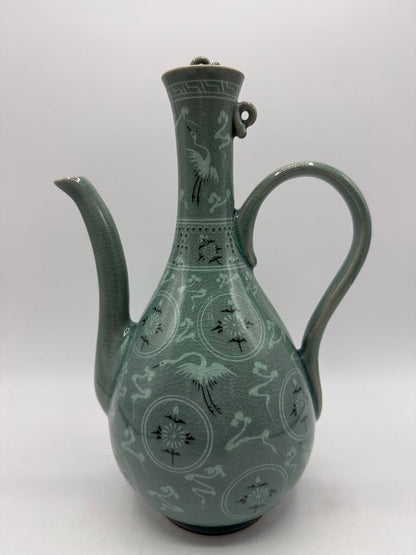 VTG Korean Celadon Green Flying Crane Tea Pot /rw